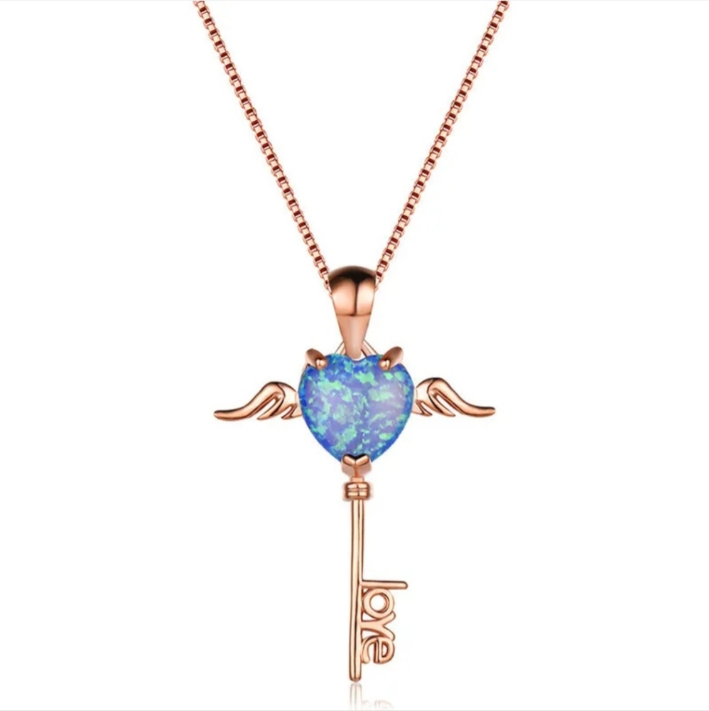 Rose Gold Eros Key Simulated Faux Opal Blue Heart Pendant Necklace